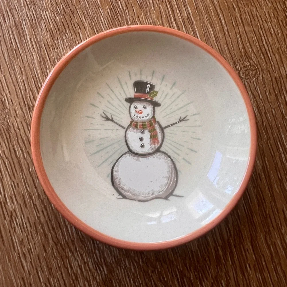 Chad Barrett Snowman Ceramic Trinket Dish Small 3.75 Inch Christmas Bowl Holiday